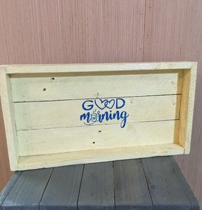 Handmade Wood Tray Hand Crafted Good Morning with Handles